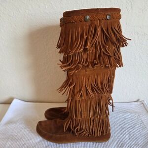 Minnetonka Brown Suede 3-Layer Fringe Moccasin Boots Womens 7 Concho 1632